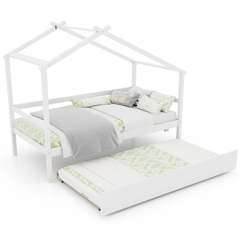 Kids Twin Size House Bed with Trundle and Roof Fun and Functional Sleep Space