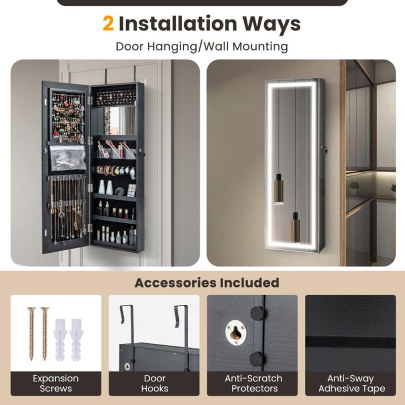 Hivvago Mirrored Jewelry Armoire with Full Length Mirror and 2 Internal LED Lights