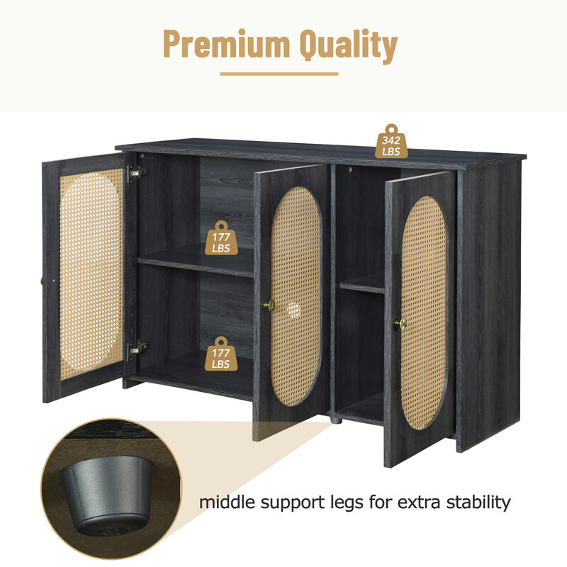 Clihome Retro 3-Door Sideboard with Large Storage Space Artificial Rattan Doors and Metal Handles, Accent Cabinet for Living Room and Hallway (Antique Black)