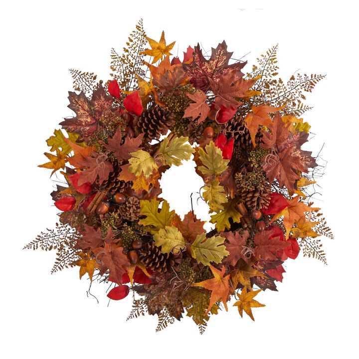 Hivvago 30" Autumn Maple Leaves, Acorn, Pinecones and Cinnamon Sticks Artificial Fall Wreath