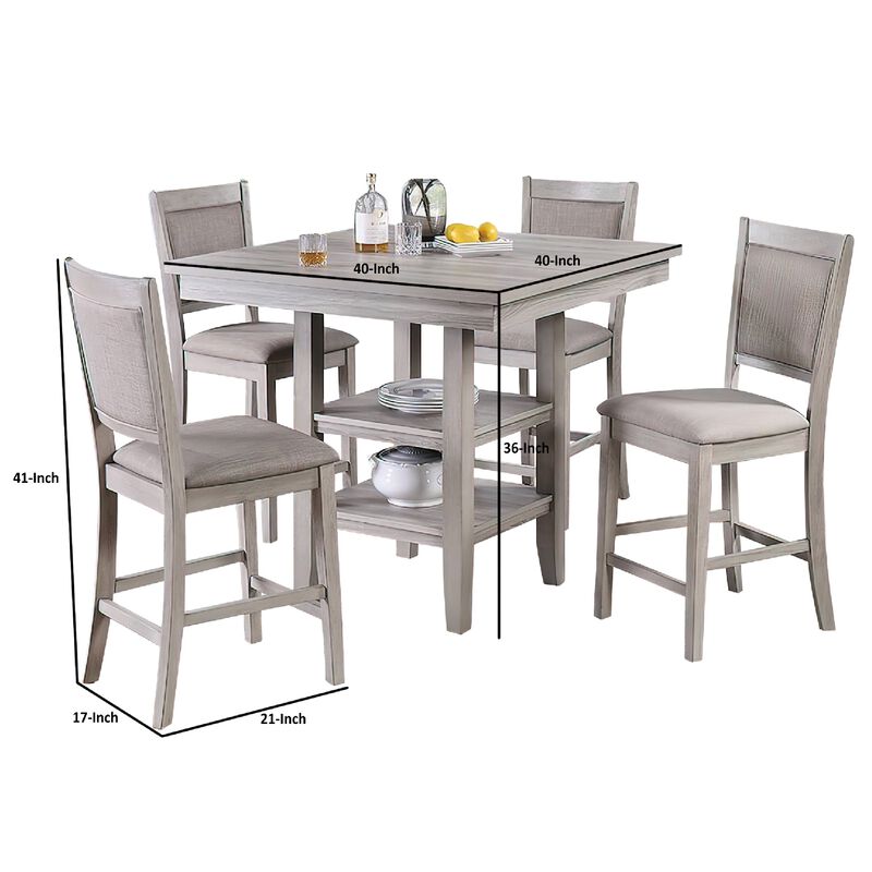5 Piece Counter Height Dining Set, Table and 4 Chairs, Padded Seats, Gray - Benzara