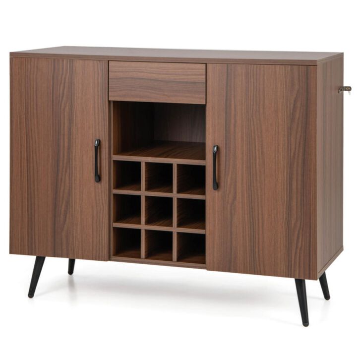 Hivvago Mid-century Modern Buffet Sideboard Server Cabinet with 9-Bottle Wine Rack-Walnut