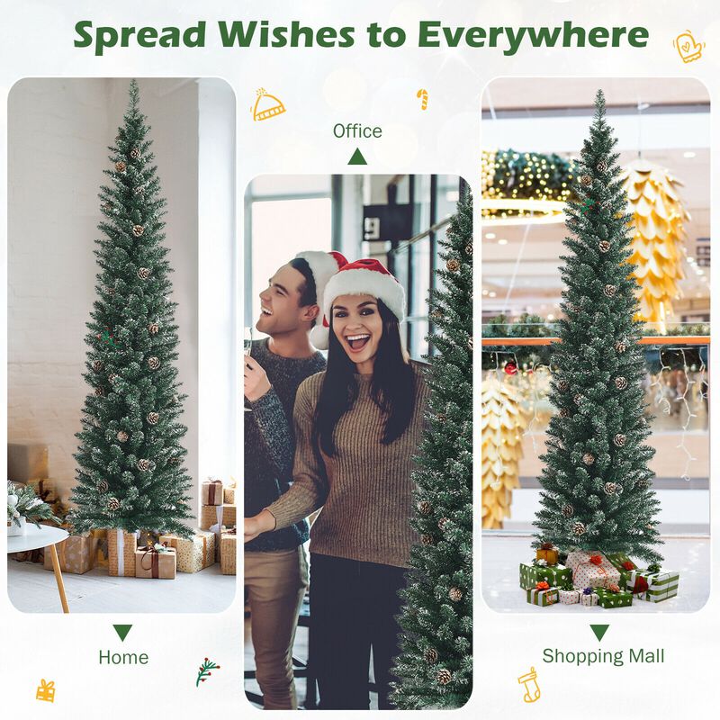 Snowy Artificial Pencil Christmas Tree with Pine Cones for Rustic and Space-Saving Holiday Decor