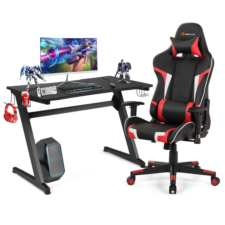 Goplus Z-Shaped Racing Style Desk &  Massage Gaming Chair Set for Home Office Blue