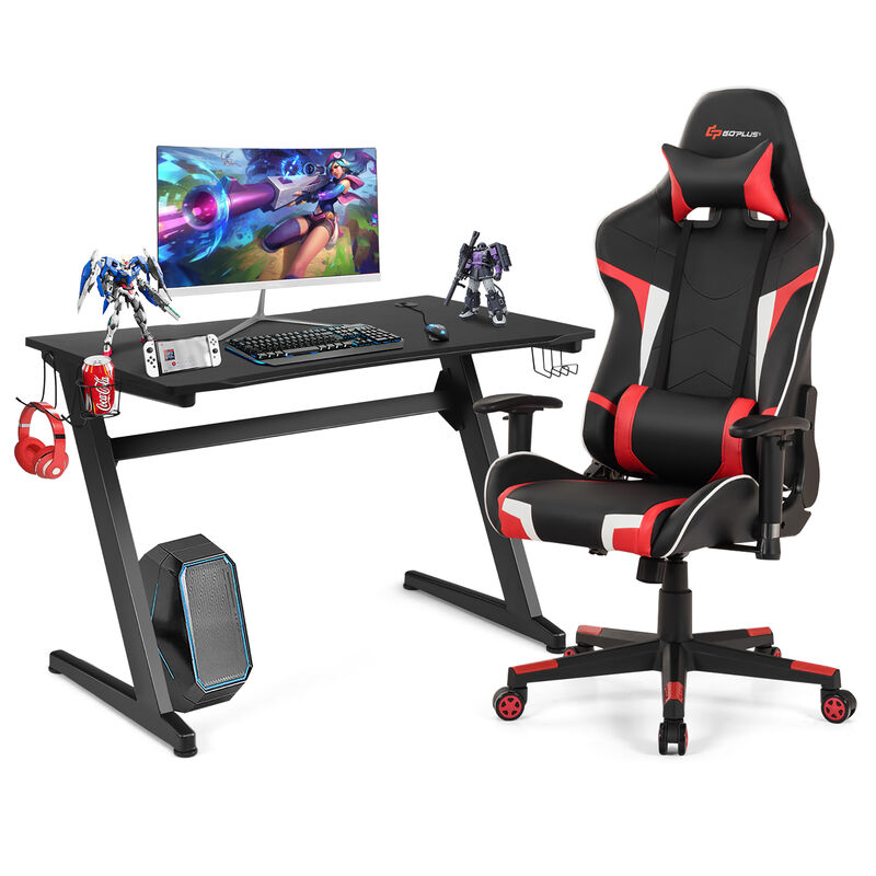 Goplus Z-Shaped Racing Style Desk &  Massage Gaming Chair Set for Home Office Blue