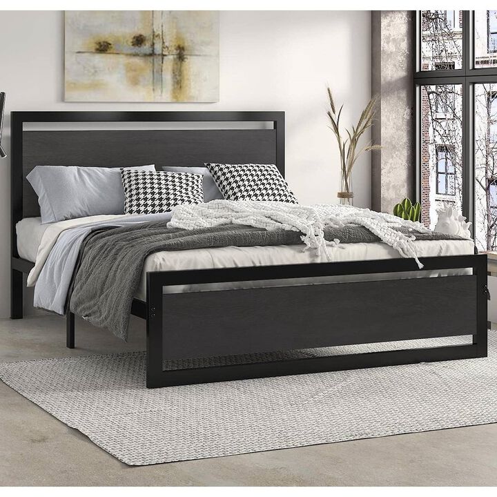 QuikFurn Full Black Metal Platform Bed Frame with Wood Panel Headboard and Footboard