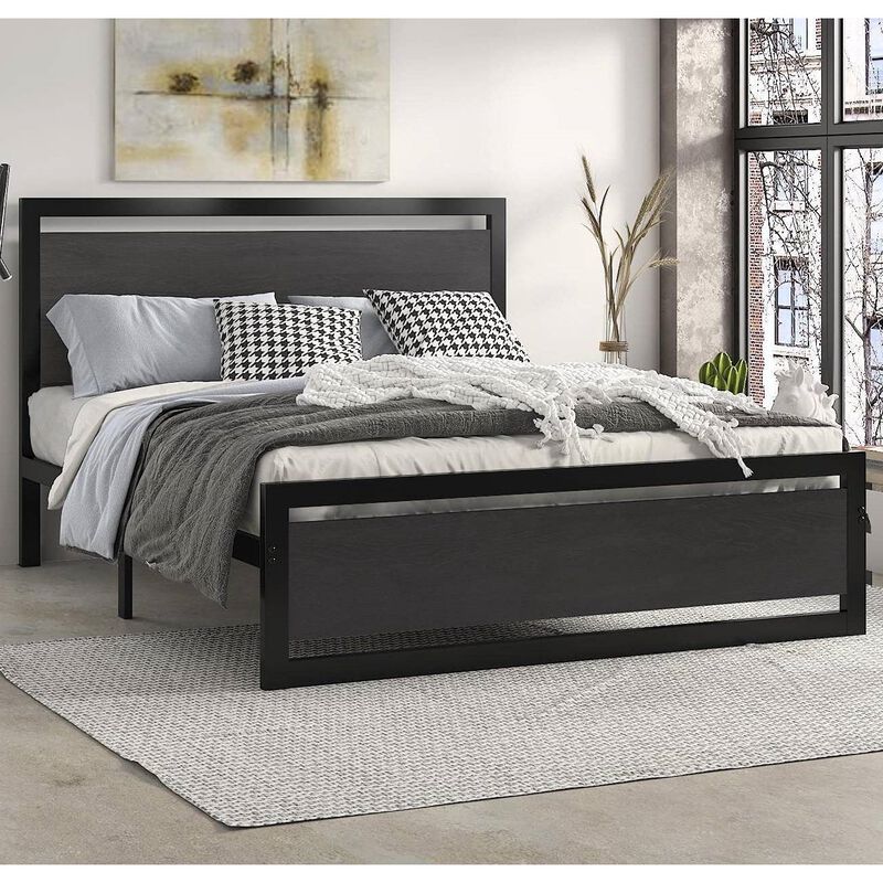 QuikFurn Full Black Metal Platform Bed Frame with Wood Panel Headboard and Footboard