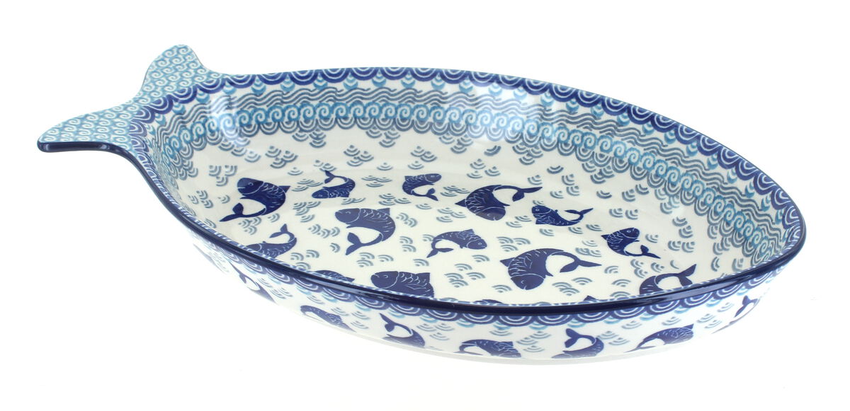 Blue Rose Polish Pottery Mosaic Beach Large Fish Dish