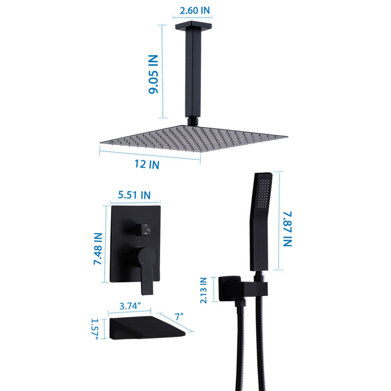 12 Inch Shower System With Waterfall Tub Spout And Handheld Shower Head