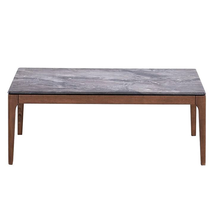 Evis Coffee Table, Rectangular 47 Inch Gray Faux Stone, Brown Wood - Benzara