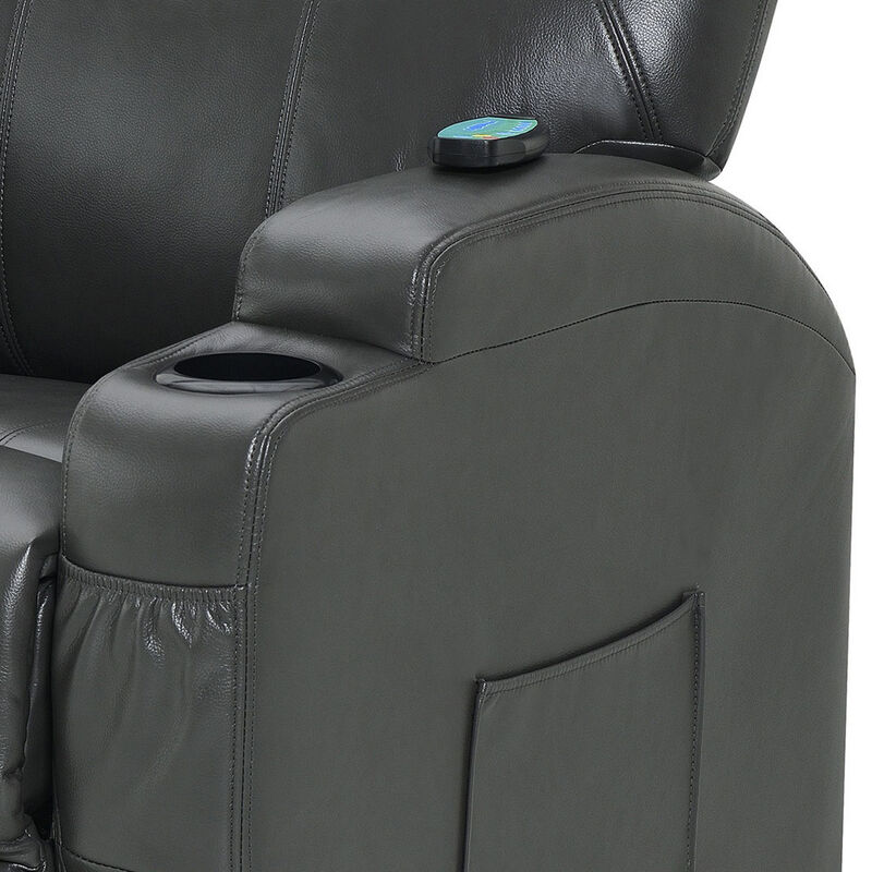Sania Power Lift Recliner Chair, Gray Faux Leather, Cup Holders, Massage - Benzara