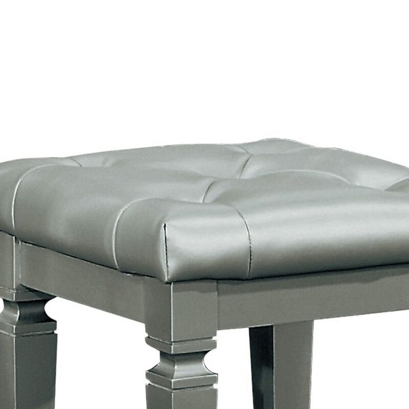 Wooden Vanity Stool With Faux Leather Tufted Seat, Gray-Benzara