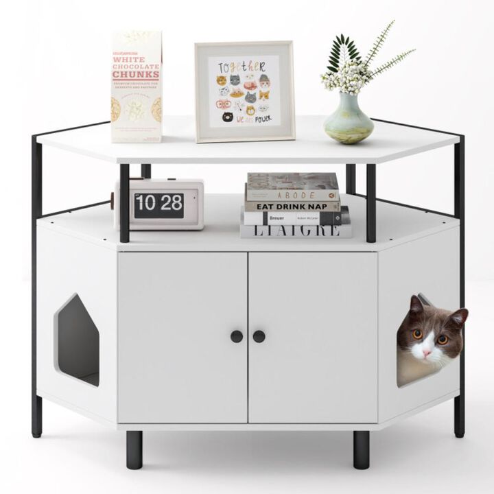 Hivvago Corner Cat Litter Box Enclosure with Open Shelf 2 Entrances and Metal Legs