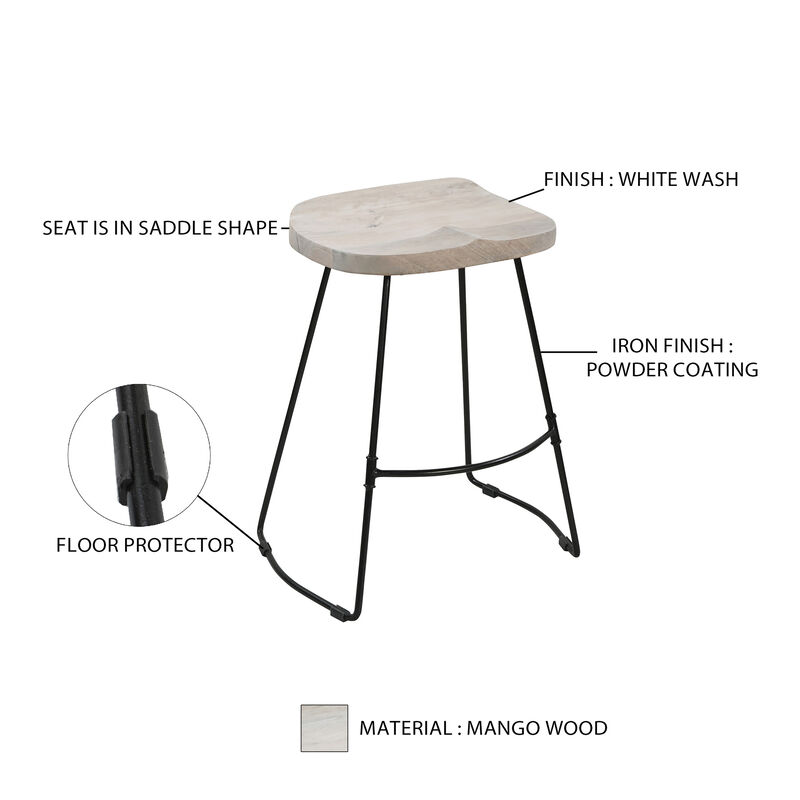 Tiva 24 Inch Handcrafted Backless Counter Height Stool, Whitewashed Mango Wood Saddle Seat, Black Metal Base-Benzara