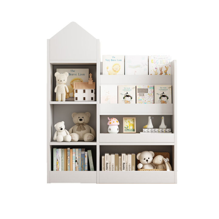 Kids Wooden Bookshelf Toy Storage Organizer with Bookcase, Kid's Bin Storage Unit with 6 Compartments 2 Baskets Bins Toys Box Organizer, Children Multi Shelf Cubby for Books, Toys Shelf Kids Wooden Bookshelf Toy Storage Organizer with Bookcase, Kid's Bin Storage Unit with 6 Compartments 2 Baskets Bins Toys Box Organizer, Children Multi Shelf Cubby for Books, Toys Shelf