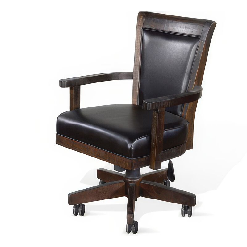 Flint Rolling Swivel Game Chair, Black Faux Leather, Dark Brown Wood - Benzara