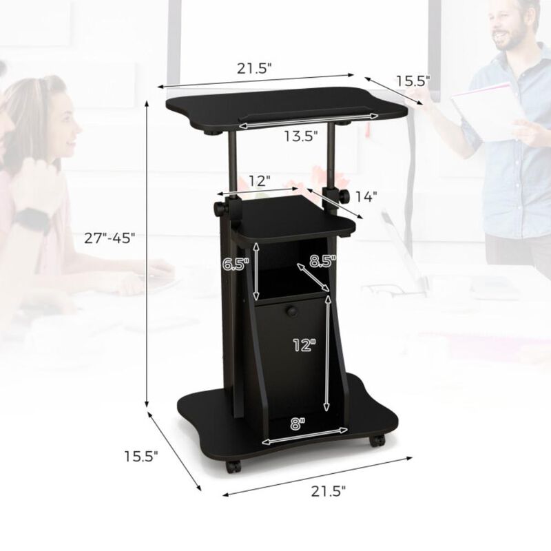 Hivvago Adjustable Mobile Standing Desk Cart with Tilt Desktop and Cabinet