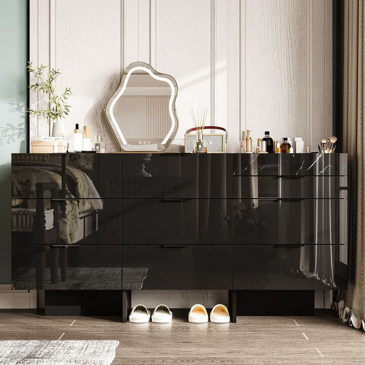 FUFU&GAGA Modern 9-Drawer Dresser with Marble-Texture Accent, High Gloss Black Finish, Spacious Storage Organizer for Bedroom & Living Room, (59" W x 30" H x 15.7" D),Black