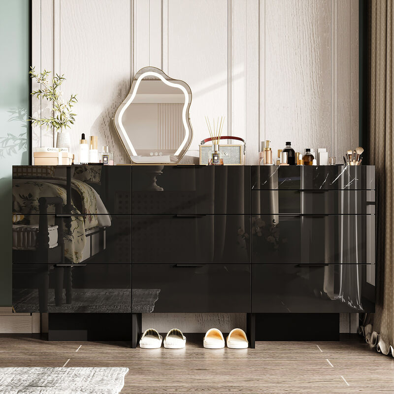 FUFU&GAGA Modern 9-Drawer Dresser with Marble-Texture Accent, High Gloss Black Finish, Spacious Storage Organizer for Bedroom & Living Room, (59" W x 30" H x 15.7" D),Black