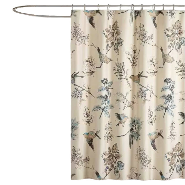Nature-Inspired Cotton Shower Curtain – Vintage Birds & Leaves Pattern, Eco-Friendly Fabric