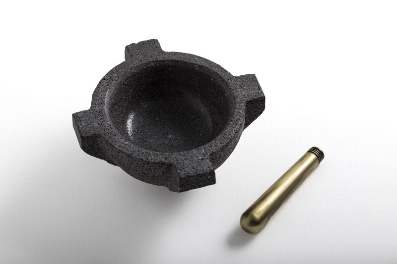 MORTERO Decorative Volcanic Stone Bowl with Aged Bronze Details by ANDEAN, In Stock