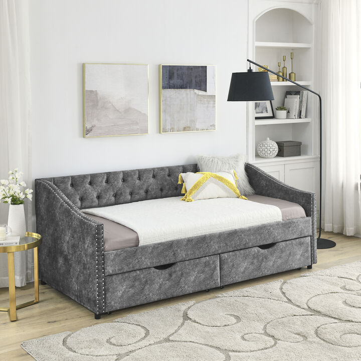 Grey Upholstered Twin Daybed with Drawers & Tufted Sofa