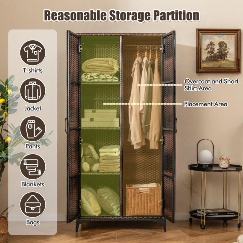 Hivvago 62 Inch Wicker Wardrobe with 2 Doors PE Rattan Closet with Hanging Rod