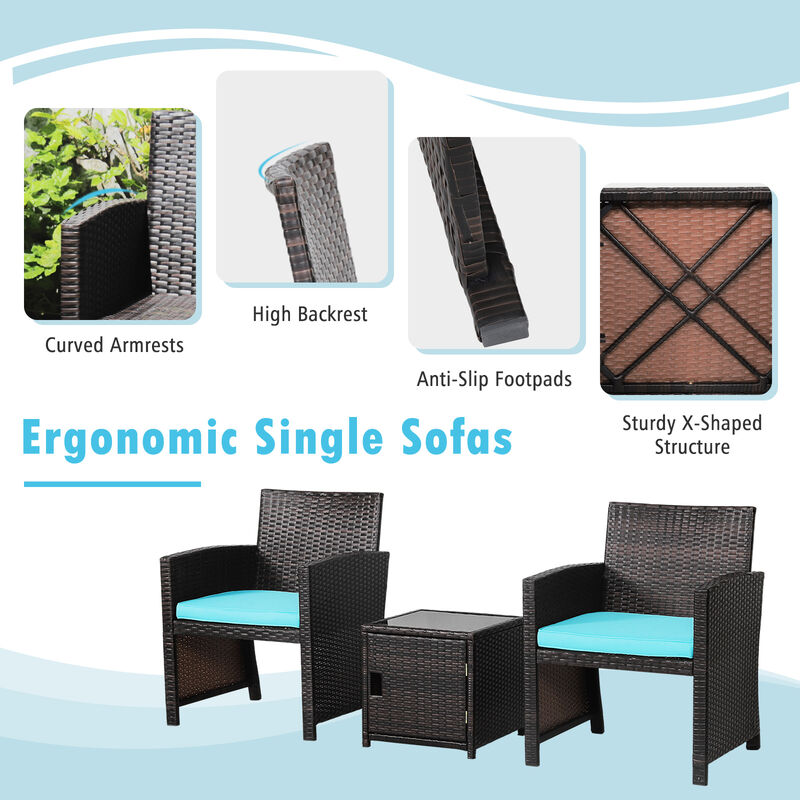 3 Pieces Patio Wicker Furniture Set with Storage Table and Protective Cover