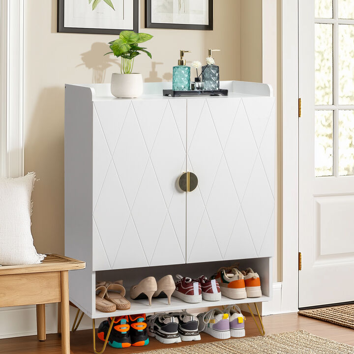 Double Door Shoe Cabinet with V-Cut Carved Panels & Top Baffle for Stylish Storage