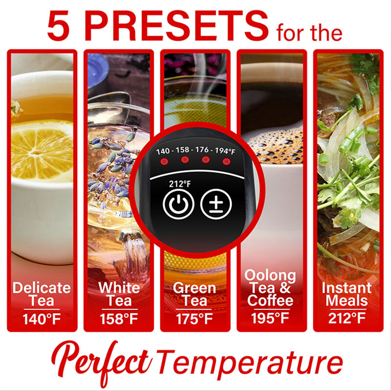 Brentwood 1500 Watt Stainless Steel 1.7 Liter Electric Kettle with 5 Temperature Presets in Silver