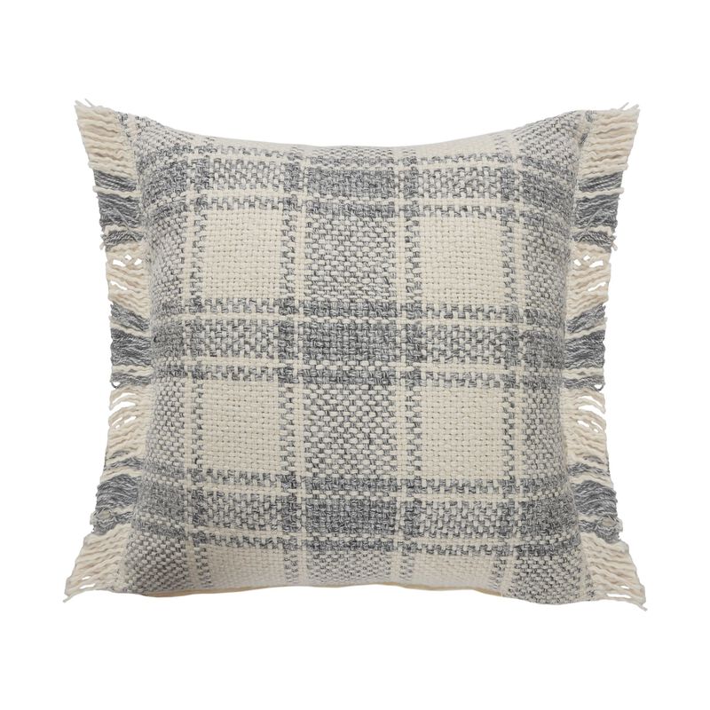 20" Blue and White Plaid Cabin Square Throw Pillow with Fringe