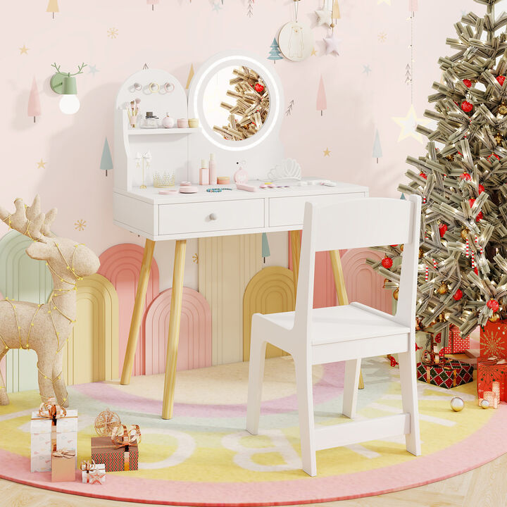 Kids Princess Makeup Dressing Desk and Chair Set with Mirror and Lights