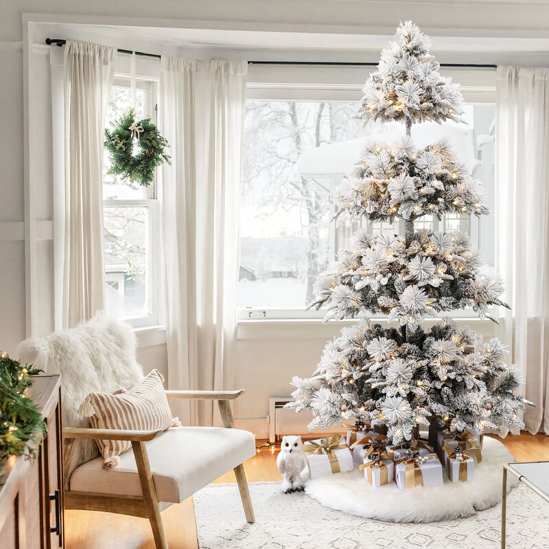 LuxenHome 7.5Ft Pre-Lit Flocked Slender Artificial Pine Christmas Tree