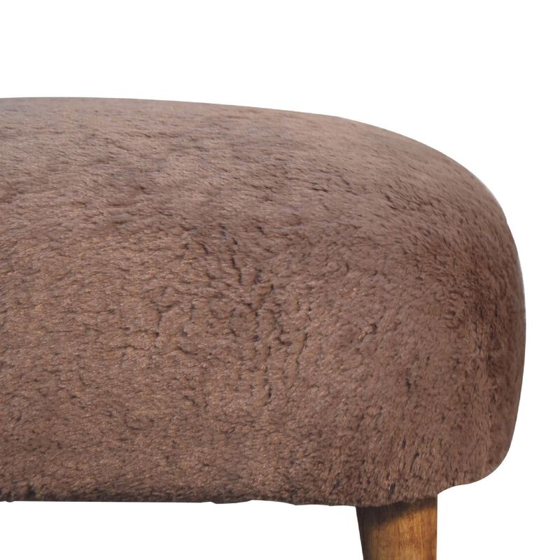 Mocha Faux Fur Upholstered Solid Wood Square Stool
