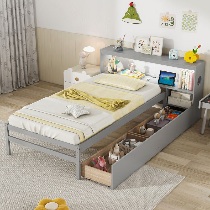 Bed Frame with LED Light and Bookcase Headboard