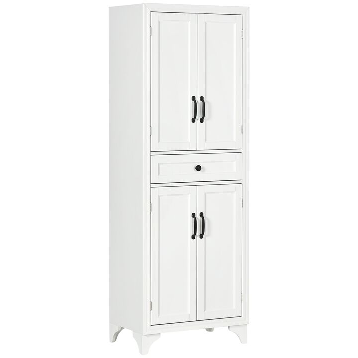 White Dining Storage: 67" Kitchen Pantry Cabinet with 4 Doors & Drawer
