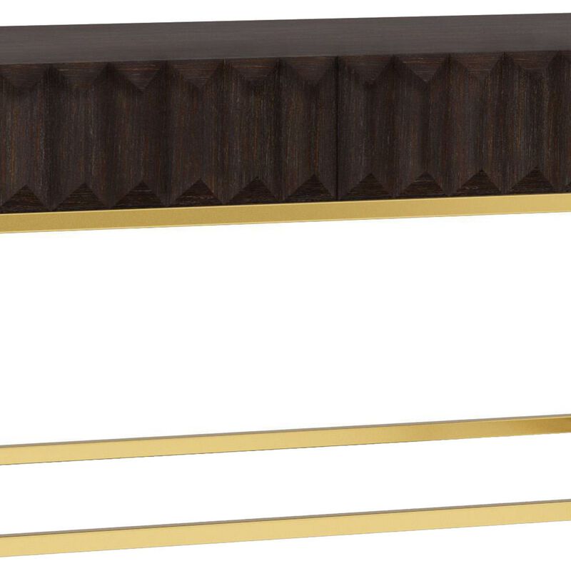 Bran 48 Inch Rectangular Coffee Table, Brown Wood, Gold Base, 2 Drawers-Benzara