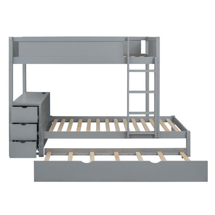 Twin Over Twin Bunk Bed With Twin Size Trundle, Storage And Desk, Gray