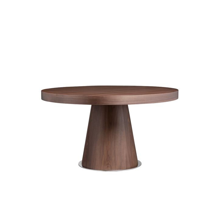 John 53 Inch Dining Table, Walnut Brown Round Wood Top, Padestal Base - Benzara