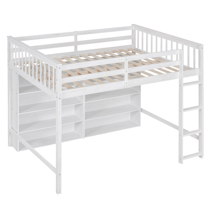 Full Size Loft Bed With 8 Open Storage Shelves And Builtin Ladder, White