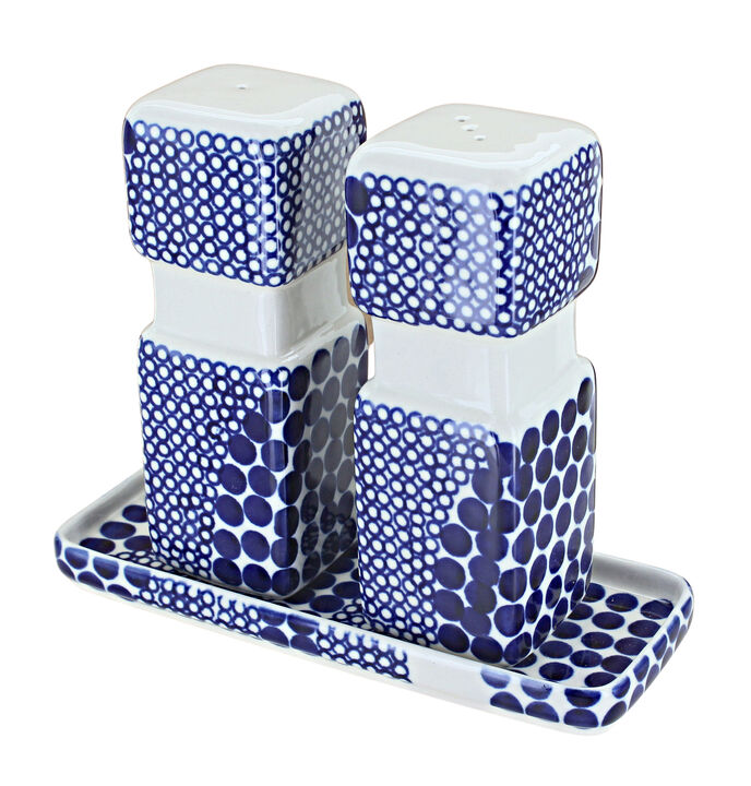 Blue Rose Polish Pottery Seaside Swirl Large Salt & Pepper Shakers with Tray