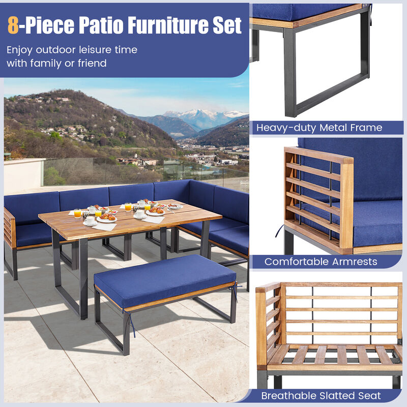 8 Pieces Patio Acacia Wood Dining Table Set with Ottoman Cushions