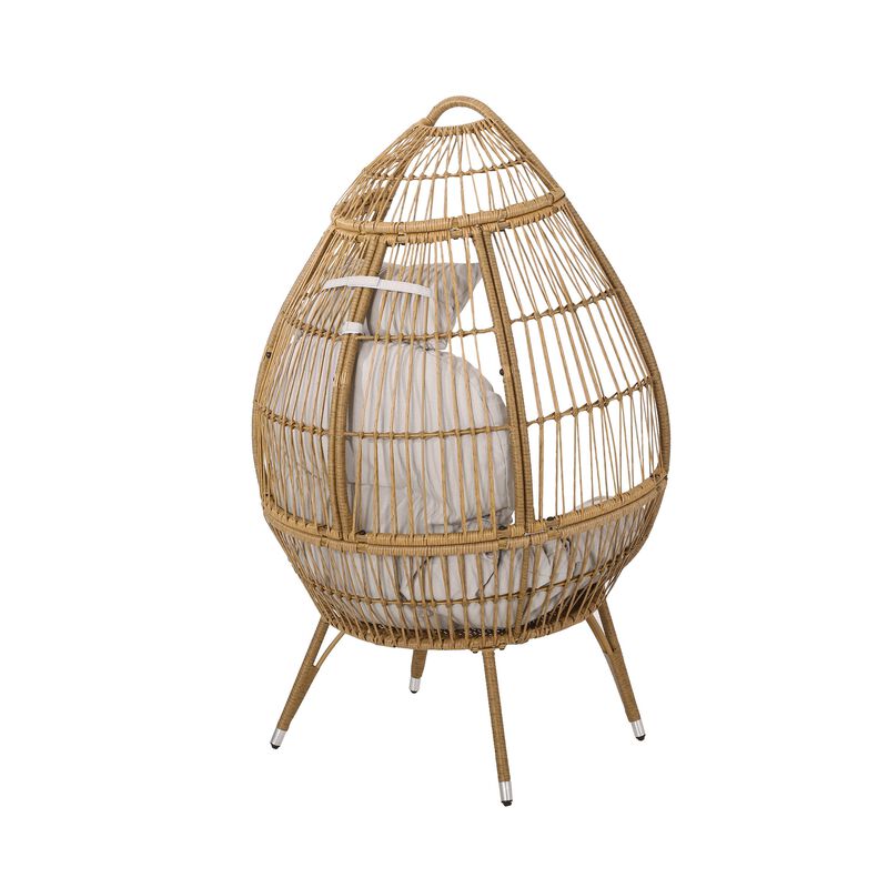 Outdoor Accent Chair, Teardrop Cocoon w Beige Pillow, Brown PE Rattan -Benzara