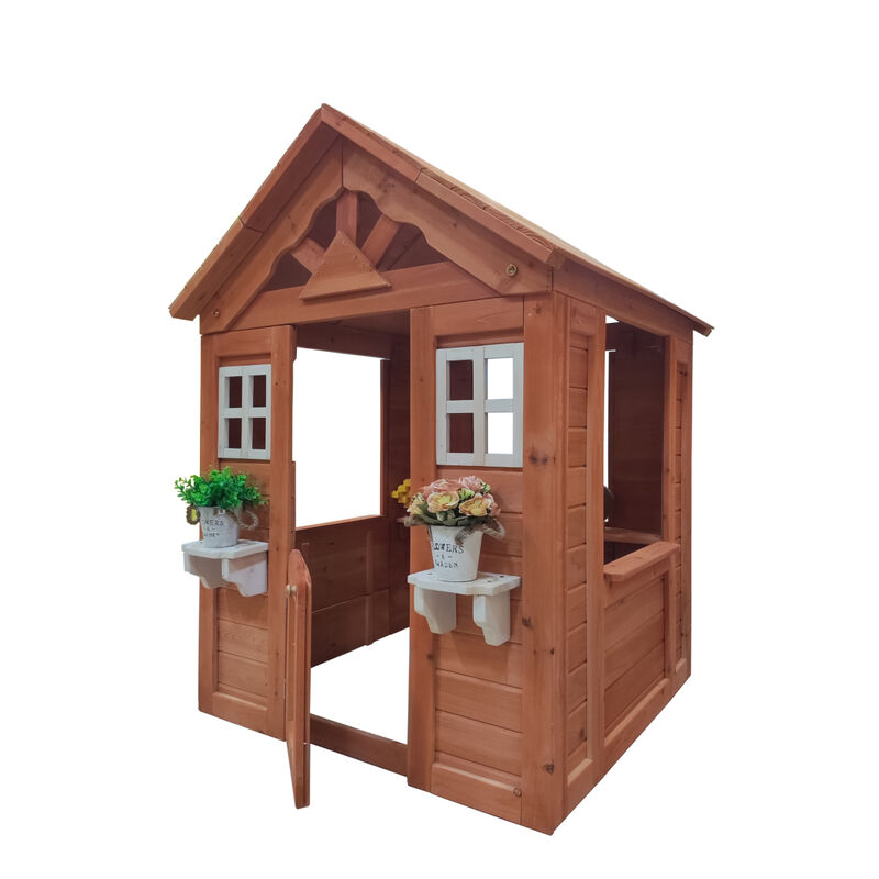 All Wooden Kids Playhouse With 2 Windows And Flower Pot Holder, 42"L x 46"W x 55" H