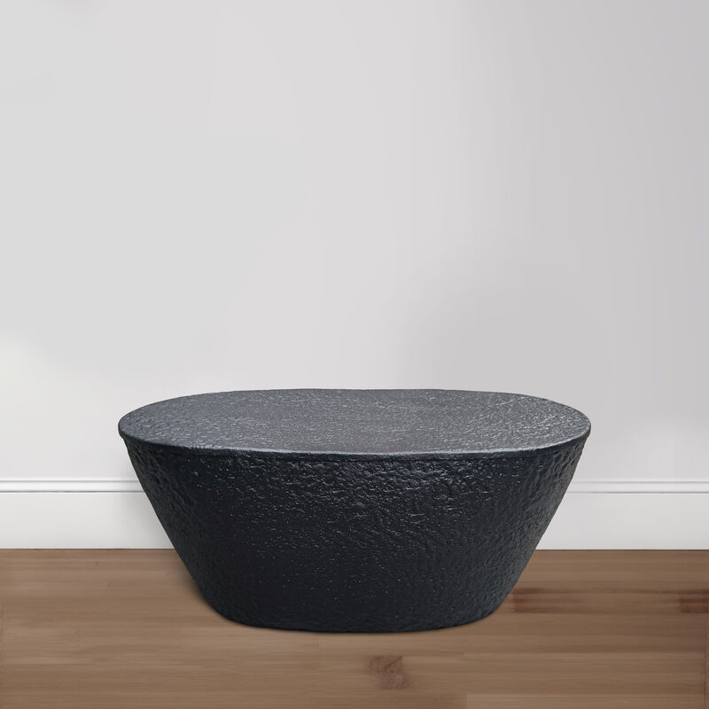 Josi 36 Inch Coffee Table, Handcrafted Hammered Design, Matte Black Sculptural Aluminum Frame - Benzara