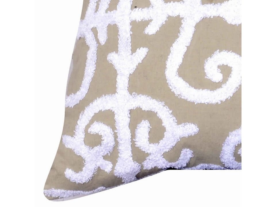 20 X 16 Inch Cotton Pillow with Vermicular Pattern, Brown and White- Benzara