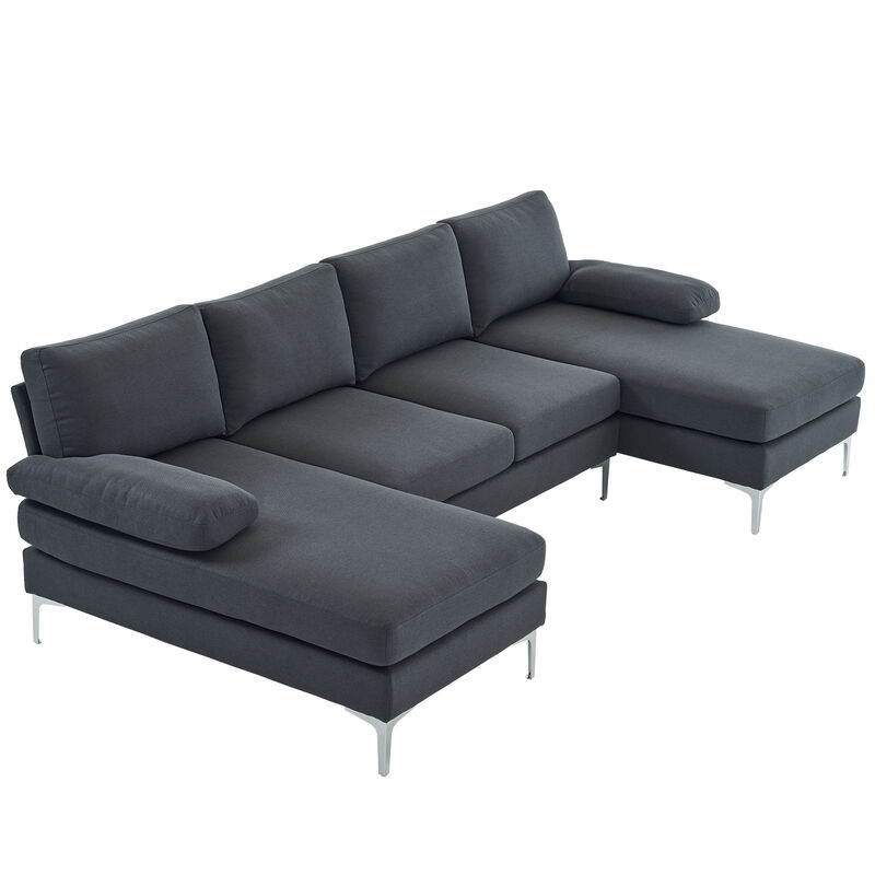 4-Seater U-Shaped Indoor Modular Sofa, Linen Seat with Wooden & Iron Frame, Gold Feet