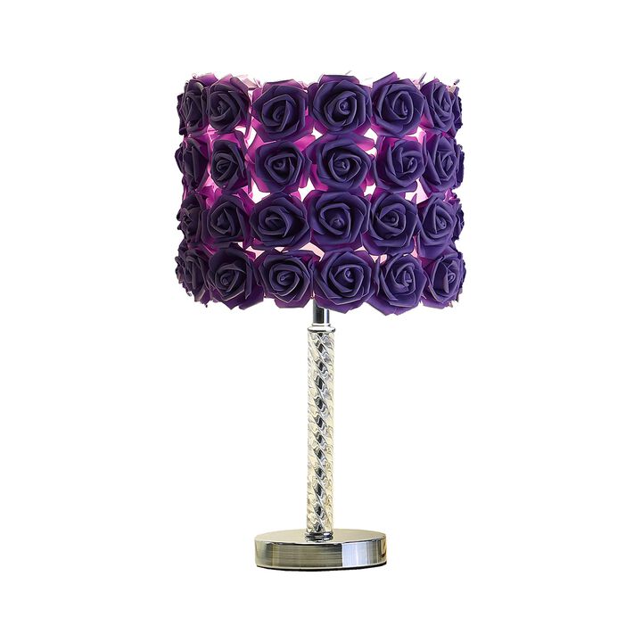Bloom Roses Drum Shade Table Lamp with Twisted Acrylic Base, Purple-Benzara