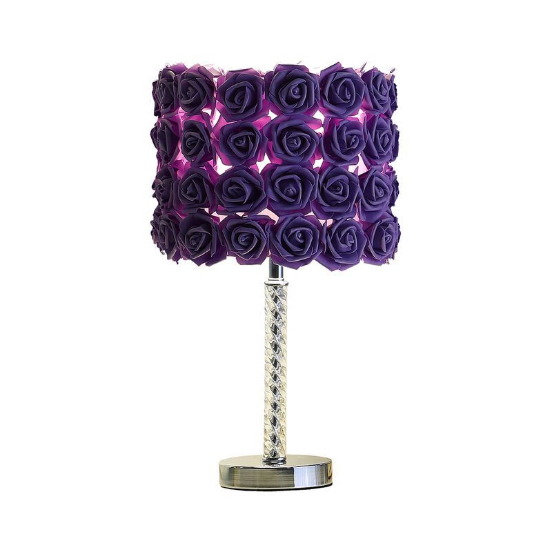 Bloom Roses Drum Shade Table Lamp with Twisted Acrylic Base, Purple-Benzara