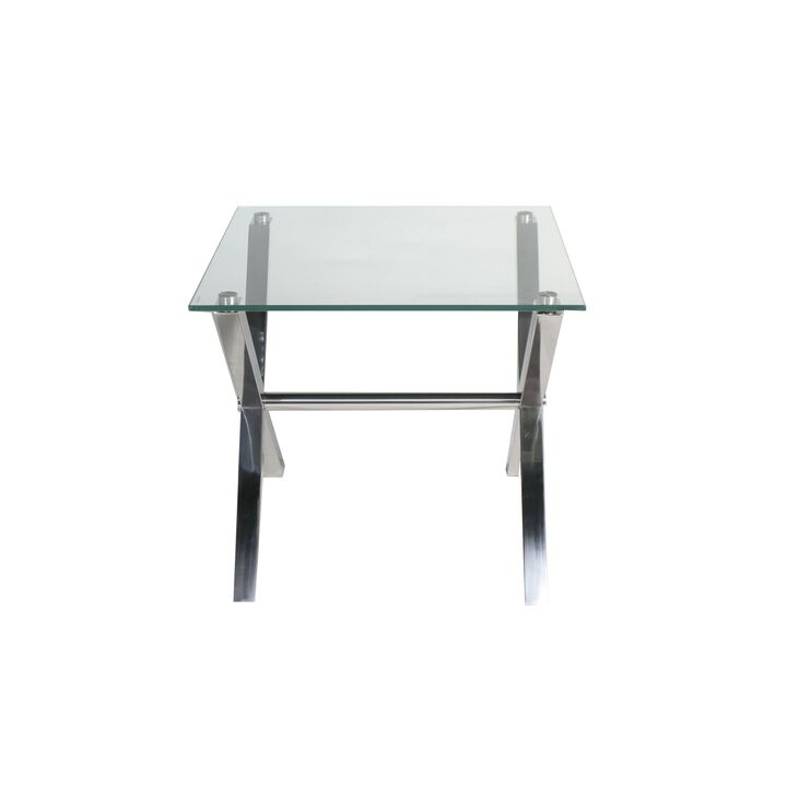 Tia 24 Inch Side End Table, Square Tempered Glass Top, X Shape Steel Legs  - Benzara